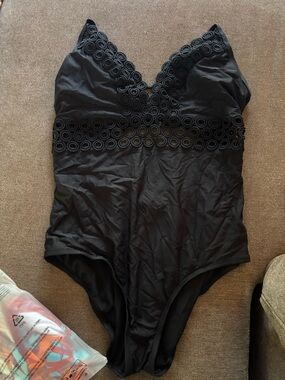 Black One-Piece Swimwear with Decorative Trim